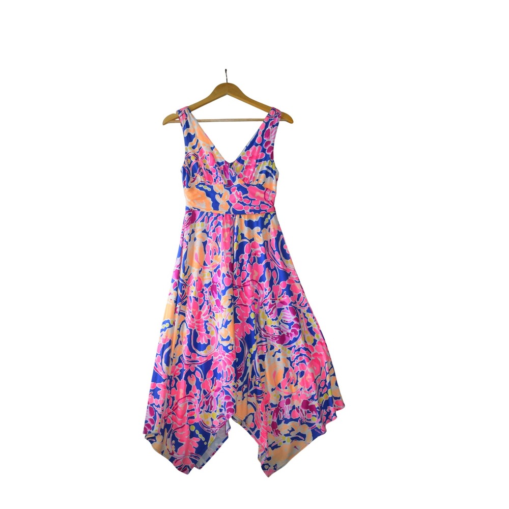 Lilly Pulitzer Handkerchief Hem Dress Womens Small Pink Blue Excellent Floral